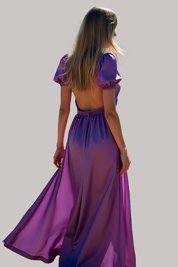 Violet A Ligne Manches Bouffantes Dos Nu Longue Robe de demoiselle d’honneur